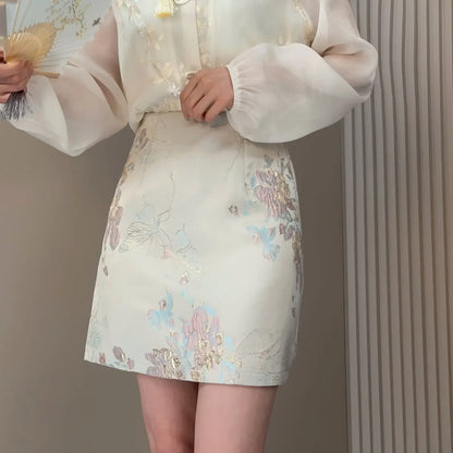Printed skirt women's summer new jacquard national style design sense heavy industry Joker high waist slim retro skirt