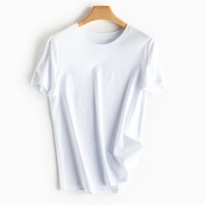 Women Solid T shirts, Silk Cotton Blend, O Neck, Short Sleeved Solid Tee,2025 Summer Candy Colors Basic Cozy Top Green