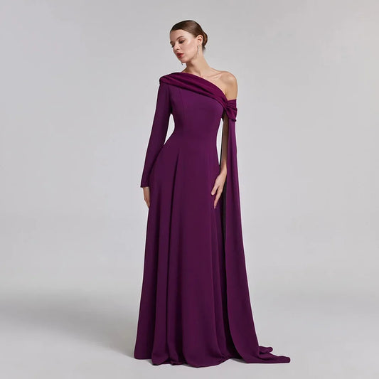 Purple Evening Dress Customized One Shoulder Long Sleeve Floor Length A Line Formal Prom Dresses Wedding Party Gowns