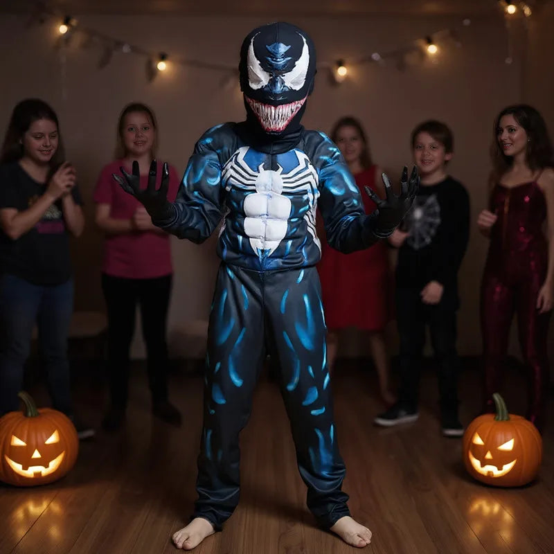 Kids Superhero Costume Spider Mask Jumpsuit Halloween Party Role Play Cosplay Outfit for Boy Girls 3-12Y with Black Gloves