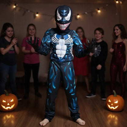 Kids Superhero Costume Spider Mask Jumpsuit Halloween Party Role Play Cosplay Outfit for Boy Girls 3-12Y with Black Gloves