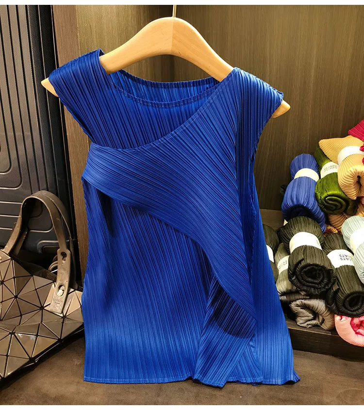 Sleeveless T-shirt Miyake Pleated Summer New Round Neck Slim Thin Versatile Irregular Women's Undershirt Tops Multiple Ways Wear