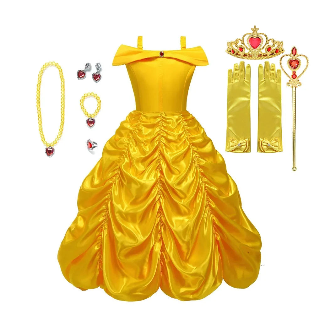 Off Shoulder Yellow Princess Dress for Kids Girl Belle Role Playing Clothing Fancy Carnival Party Birthday Ball Gowns Halloween