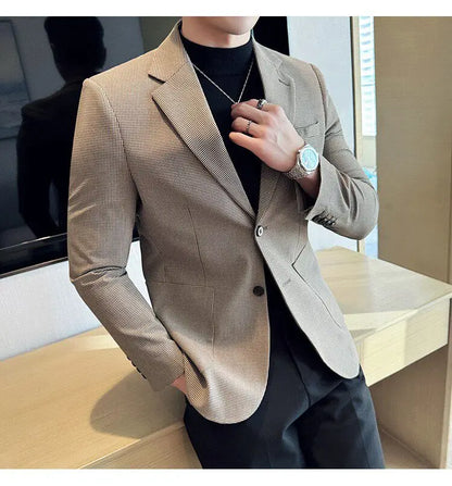 Korean Vintage Elegant Men's Business Slim Fit Suit Jacket 2026 New Fashion Lapel Single Breasted Men Social Party Dress Coats