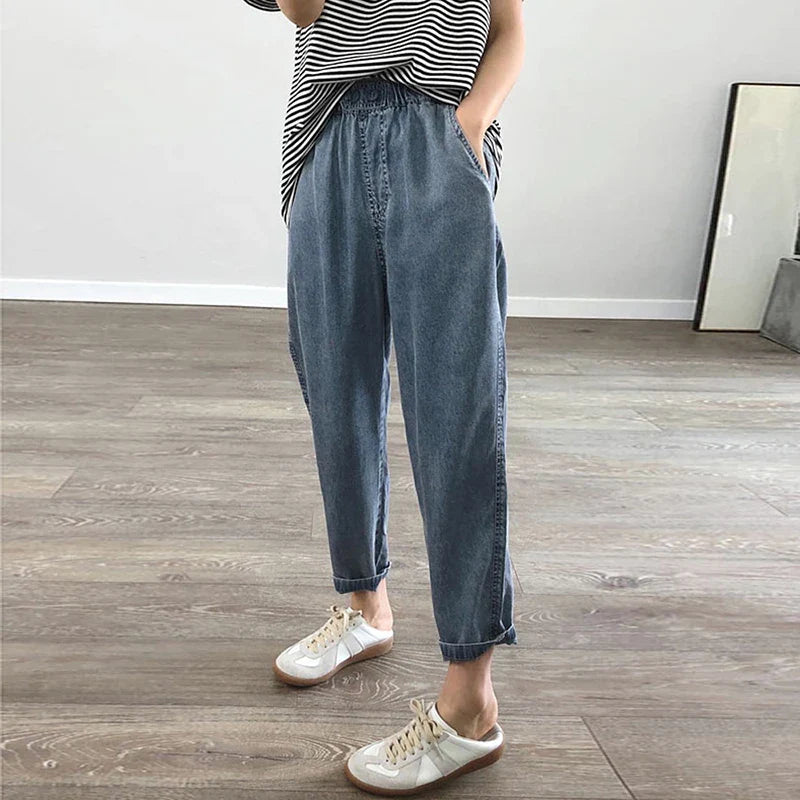 Summer Plus Size Jeans Woman Casual Loose Baggy Denim Harem Pants Elastic Waist Thin Cotton Mom Jeans Women Ankle-Length Slacks