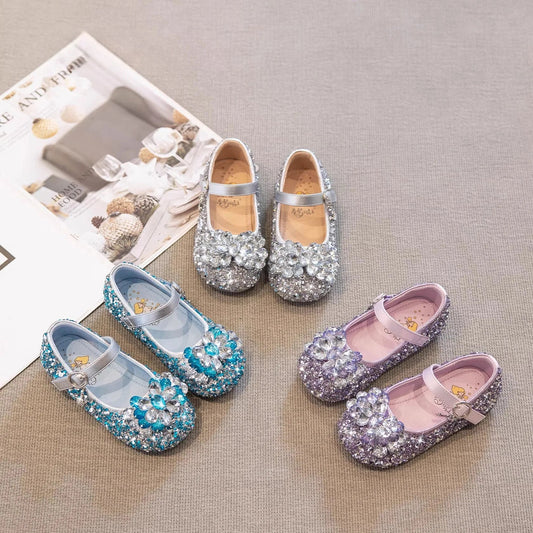 Girls Crystal Slip-On Shoes Soft Bottom Rhinestone Princess Flats Spring Autumn New Style Kids Lightweight Sweet Leather Shoes