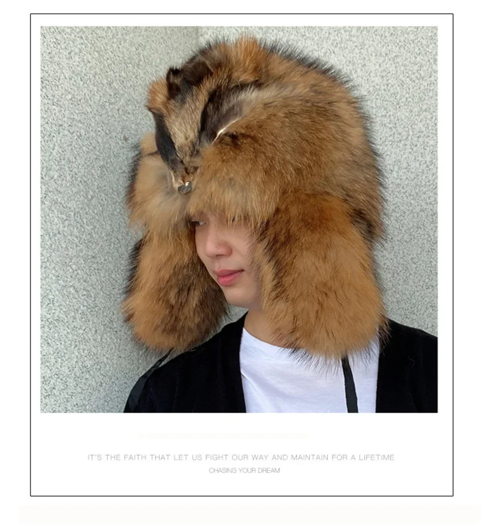 Men's Hat Winter Natural Raccoon Fur Er Hats Russian Hat Outdoor Warm Soft Luxury Quality Real Fur Cap Fur Hat for Men Caps