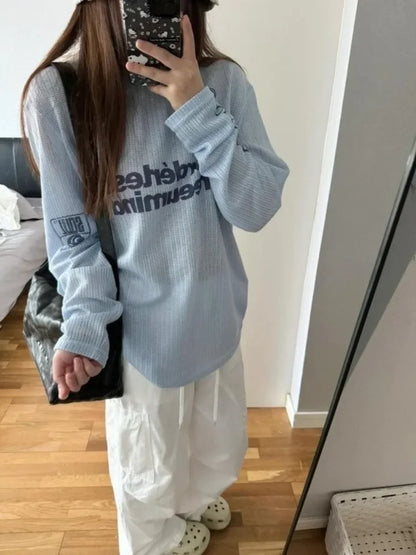 HOUZHOU Y2k Kpop Oversize Women T-shirts Hollow Out Harajuku Sexy Gyaru Streetwear Long Sleeve Knitted Top Korean Fashion Casual
