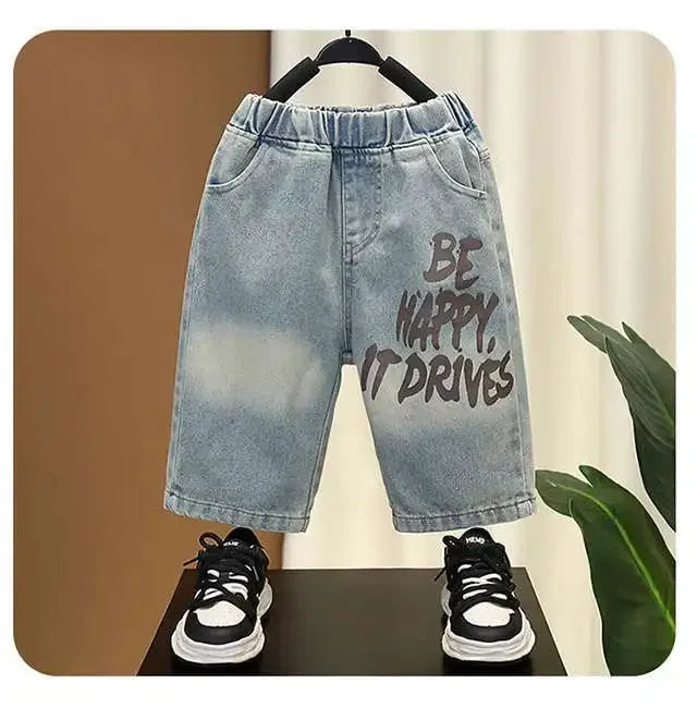 New Summer Casual Boys Clothing Set Handsome Letter Short Sleeve T-shirt + Shorts Jeans Outfit For Kids 2-8 Years Children Suits