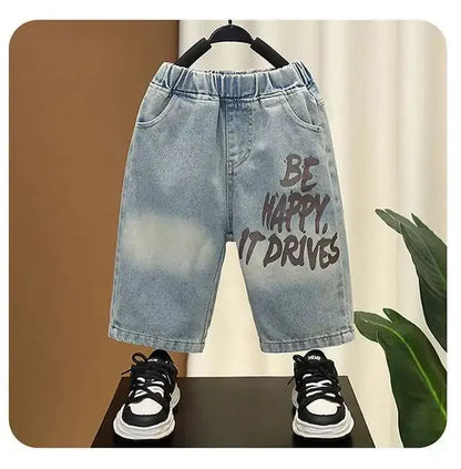 New Summer Casual Boys Clothing Set Handsome Letter Short Sleeve T-shirt + Shorts Jeans Outfit For Kids 2-8 Years Children Suits