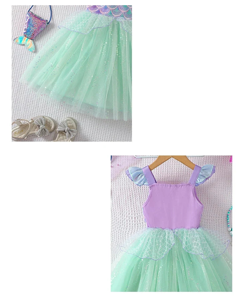 2025 Little Girls Mermaid Dress Ariel Party Clothing Casual Princess Birthday Outfit Wear Summer Elegant Gown