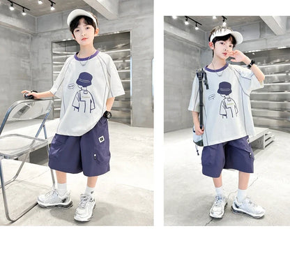 Teenage Summer Tracksuit for Boy with Shorts Tshirt 2 Piece Top and Bottom Clothes Set Kids Child Casual Cotton Outfit Suit Wear