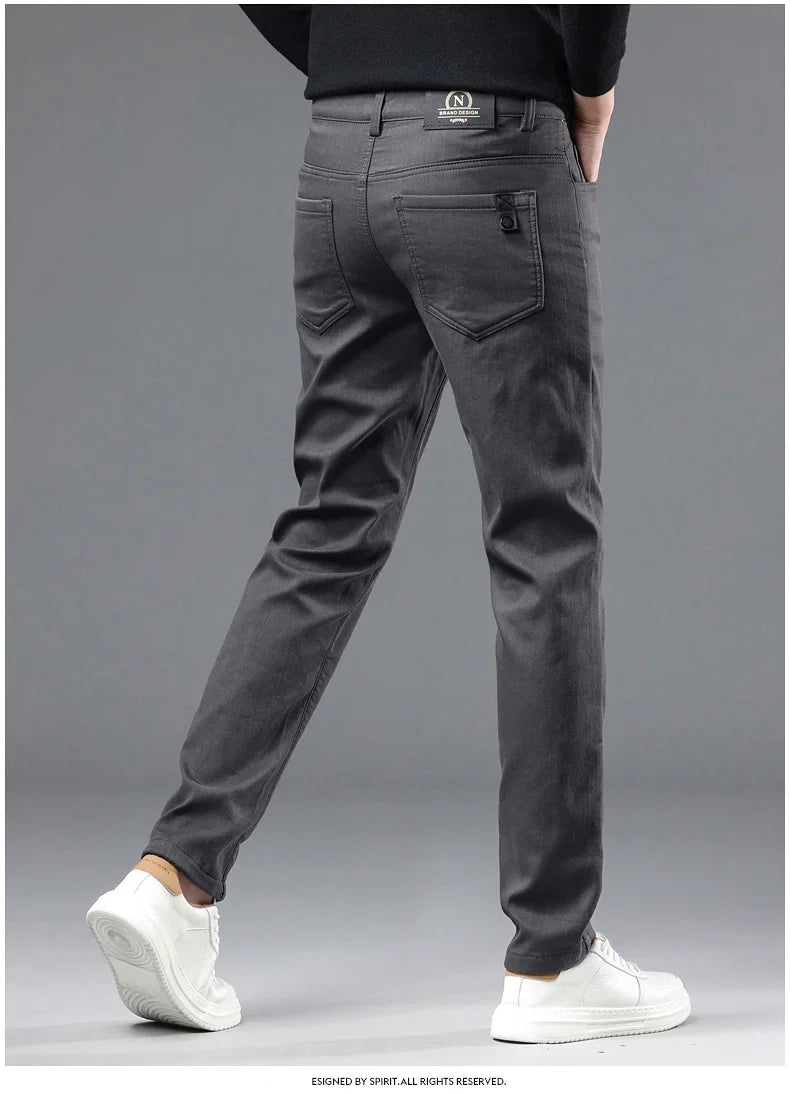 2024 Winter New Men's Warm Slim Fit Business Casual Fashion Thicken Trousers Fleece Stretch Brand Pants Black Grey Army Green