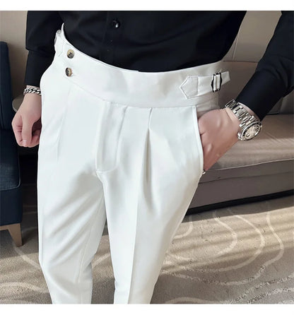 Pure Color Male Business Wedding Dress Pants Fashion Unique Design Men Waist Adjustable Suit Pant No Belt Slim Trousers Homme