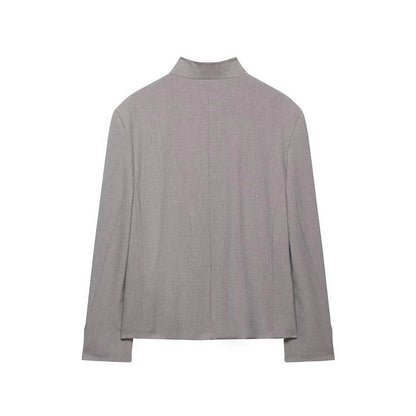 Vintage Office Lady Gray Solid Blazer Stand Collar Long Sleeve Loose Blazer Fashion 2026 Spring Summer Casual Blazer