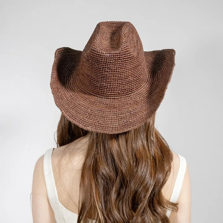 Hand-crocheted Natural Raffia Straw Cowboy Hat for Women Men Summer Wide Brim Sun Hat Outdoor Breathable Beach Caps