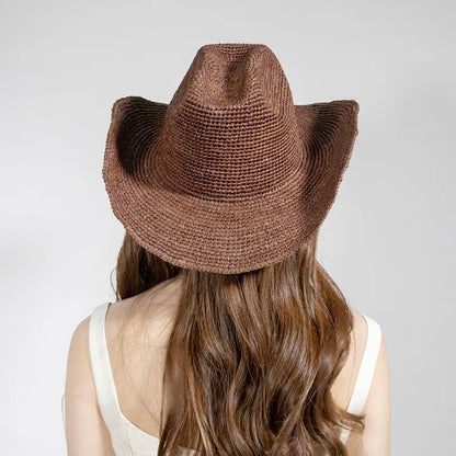 Hand-crocheted Natural Raffia Straw Cowboy Hat for Women Men Summer Wide Brim Sun Hat Outdoor Breathable Beach Caps