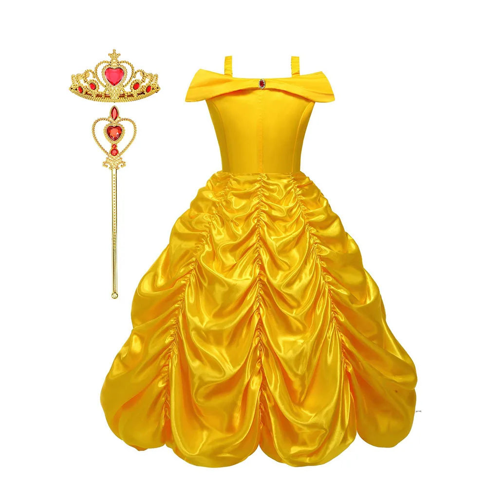 Off Shoulder Yellow Princess Dress for Kids Girl Belle Role Playing Clothing Fancy Carnival Party Birthday Ball Gowns Halloween