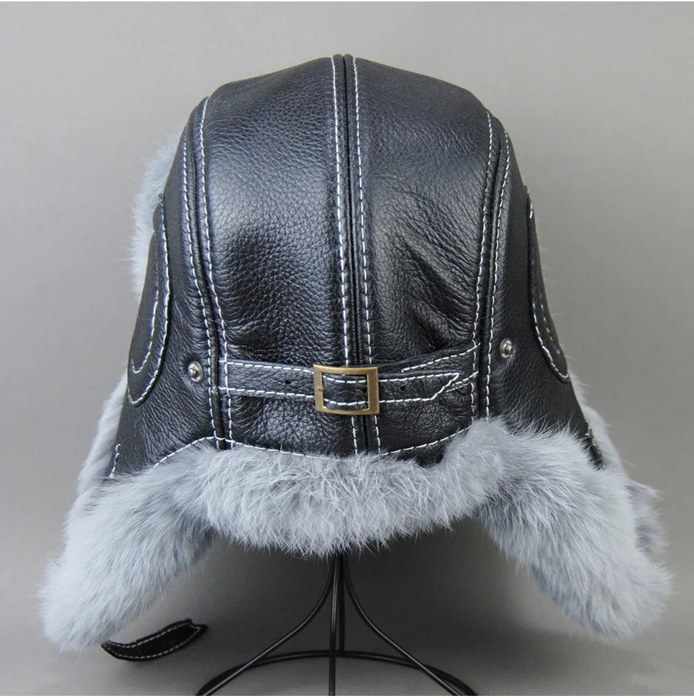 2026 Fashion Men's 100% Natural Rabbit Fur Bomber Hats Winter Russian Man Warm Real Sheepskin Leather Hat Male Real Fur Caps