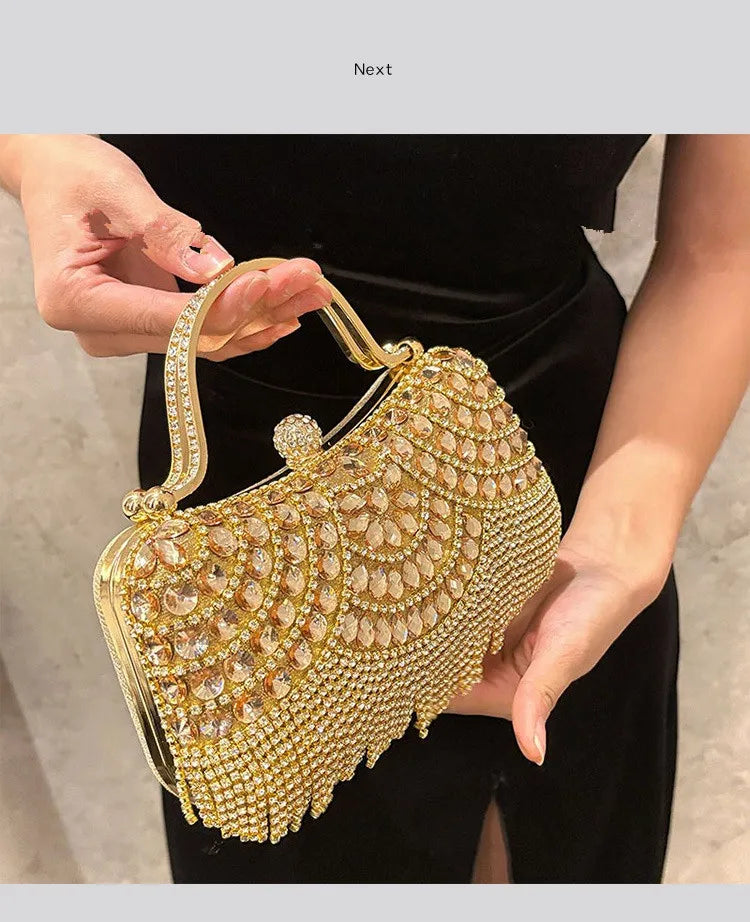 Diamond Evening Clutch Bag Golden Tassel Handbag Boutique Novelty Metallic Rhinestone Purses And Handbags Bridal Wedding Party