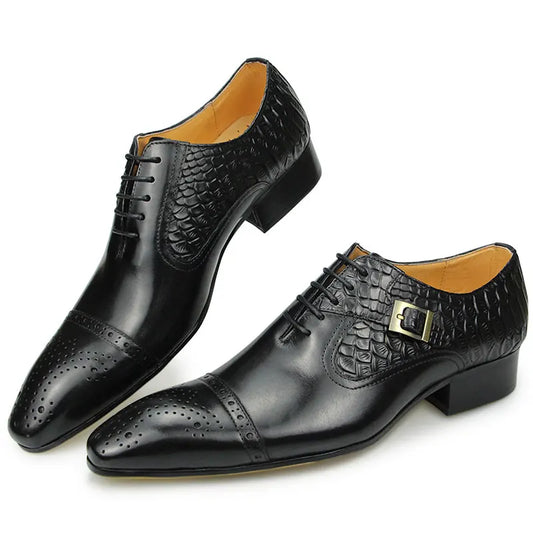 Newest High-end Leather Shoes Dress Oxford Brogue Wedding Party Formal Shoe for Men Lace Up Luxury Fashion Leather Metal Buckle