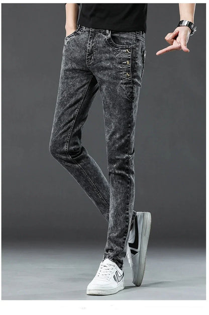 Men's Vintage Jeans Designer Korean Fashion Snowflake Wash Stretch Straight Pencil Pants Classic Slim Male Denim Trousers