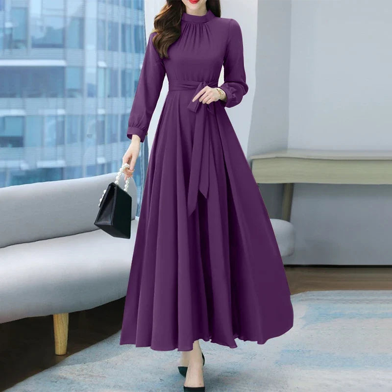 Women Long Sleeve A-line Sundress Spring Long Dress Autumn Solid Party Holiday Maxi Dresses Vestidos Femme Vintage Robe