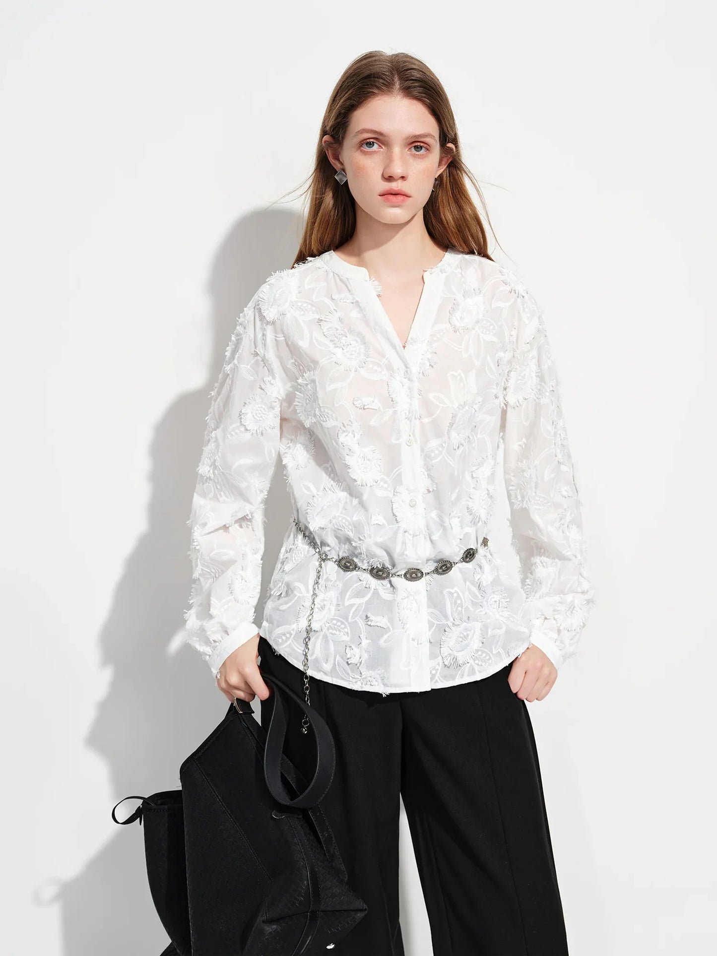 2026 New Spring Summer Women's 3D Jacquard Round V-Neck Blouse Long Sleeve Office Shirt for Quiet Minimalist Commute Top