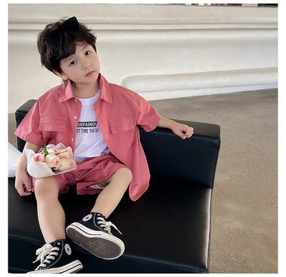 Summer Baby Boys Cotton Stylish Plain Pink Short Sleeve Shirt Top+Shorts Pant Set Kids 2PCS Suit Children Vacation Outfit 1-8Yr