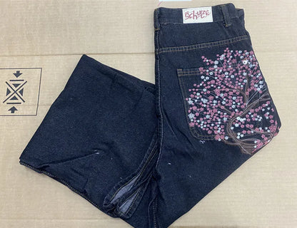 Y2K Vintage Low Waist Hip Hop Cherry Blossom Embroidered Jeans  Wide Leg Trousers Clothes Mens Embroidered Baggy Jeans Womes