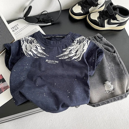 0-5Years New Baby Boy Fashion Cool Summer Clothes Suits Toddler Wings Printed T-shirt+Ripped Jeans 2pcs/sets Children Tracksuits