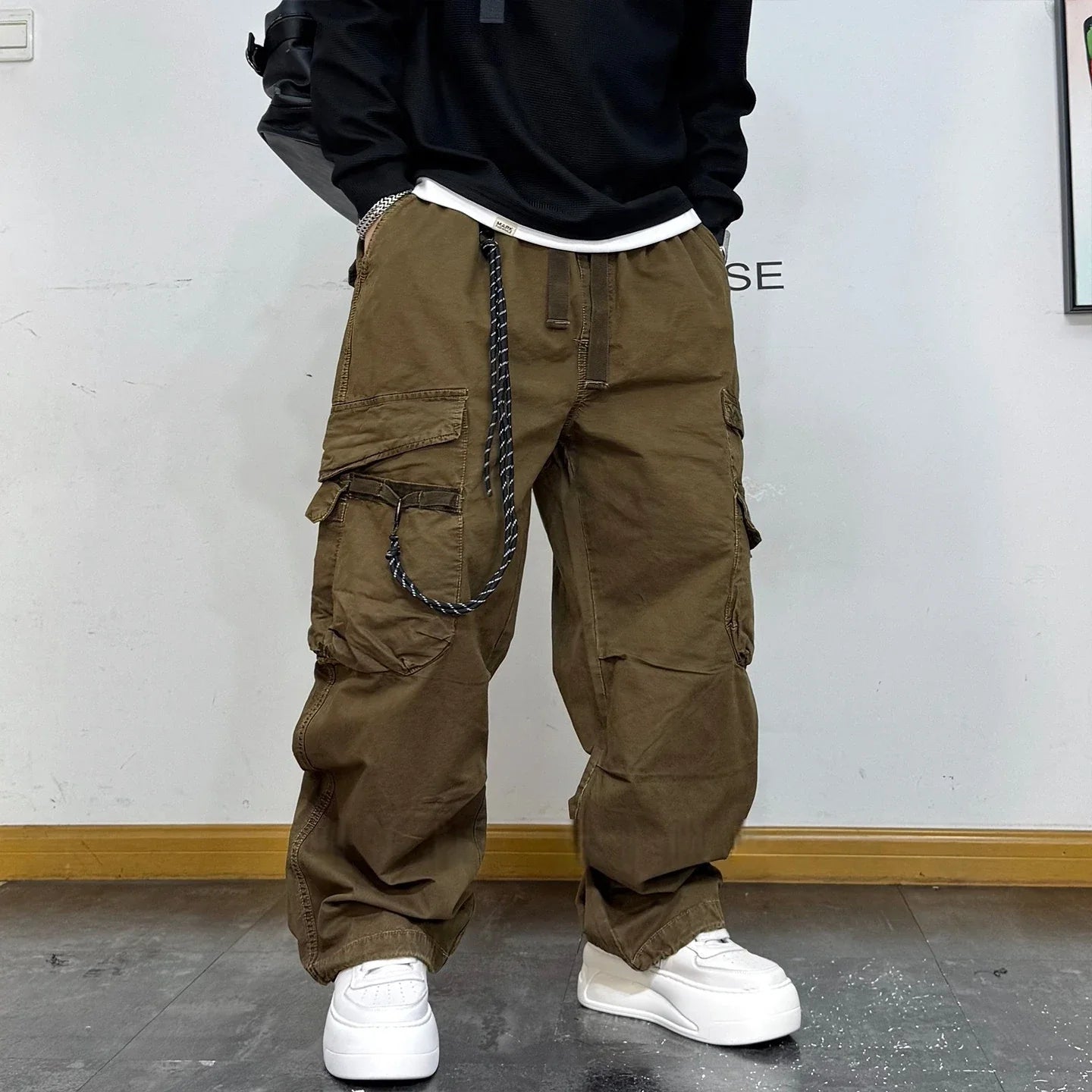 American Premium Cargo Pants Mens Pleated Baggy Multi Pocket Streetwear Oversized Straight Leg Casual Spring Fall Trendy Male