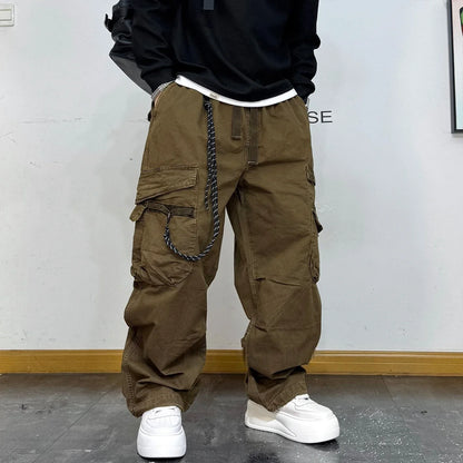 American Premium Cargo Pants Mens Pleated Baggy Multi Pocket Streetwear Oversized Straight Leg Casual Spring Fall Trendy Male