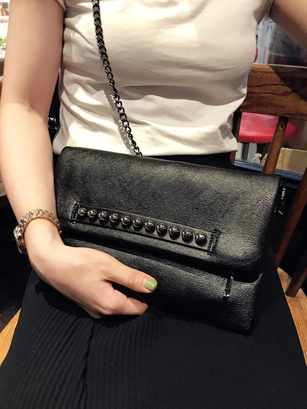 Folding design women Clutch Fashion rivets PU Leather Ladies Crossbody Bag chain Female Shoulder bag Clutches black wallet
