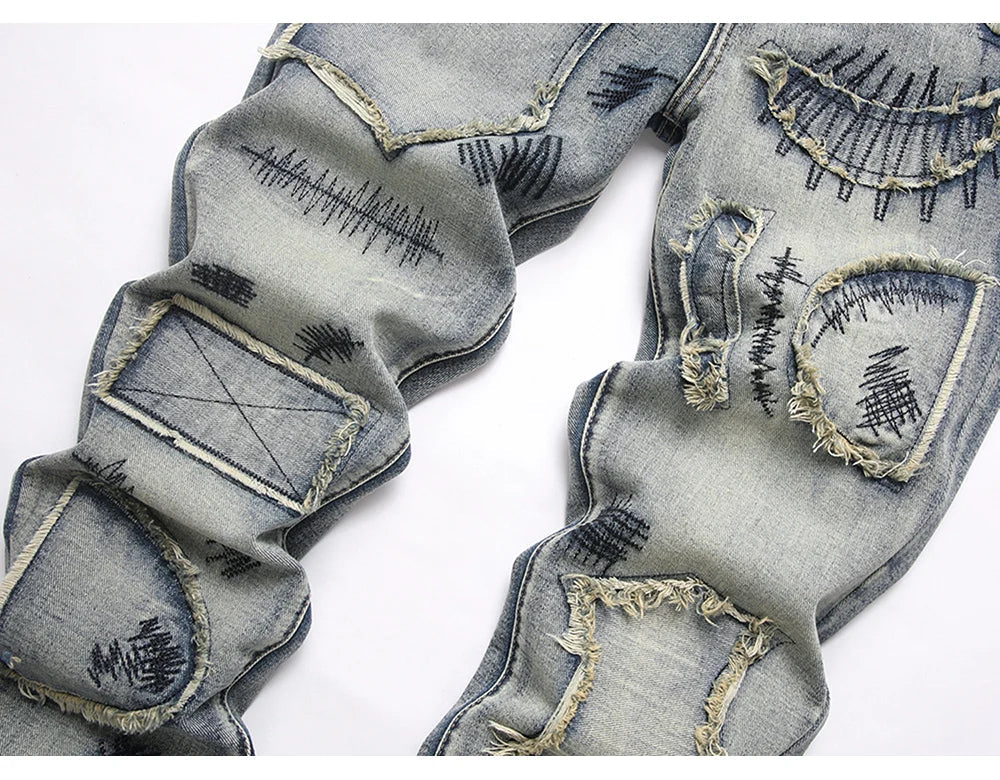 Men's Boot Cut Jeans Streetwear Patches Released Hem Pants Vintage Blue Embroidery Patchwork Flared Trousers