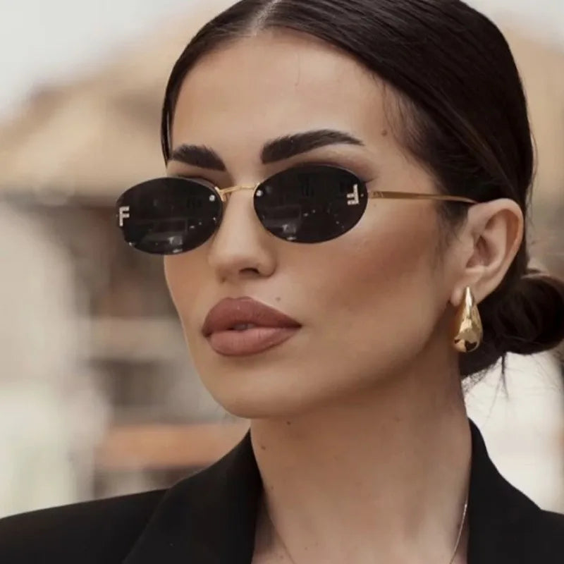 Elegant Diamond Oval Sunglasses Male Letter "F" Rimless Sunglasses  Car Sunglasses  Driving Glasses Sunglasses Women