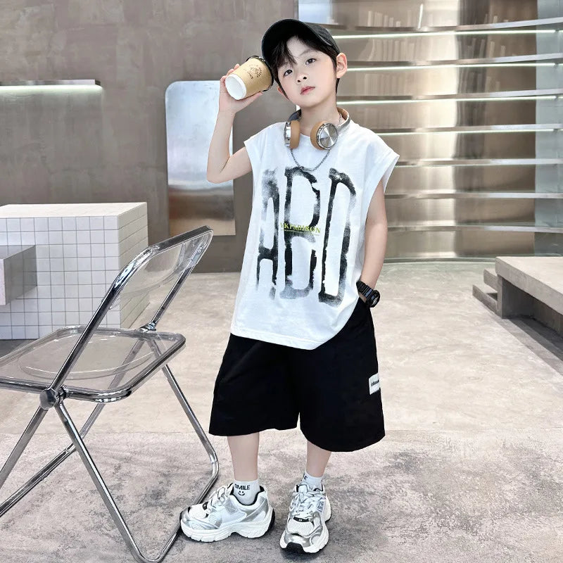 Summer Boys Cotton Sleeveless Alphabet T-Shirt Tops+Shorts Workout Sets School Kids 2PCS Tracksuit Child Jogging Outfits 5-16 Yr