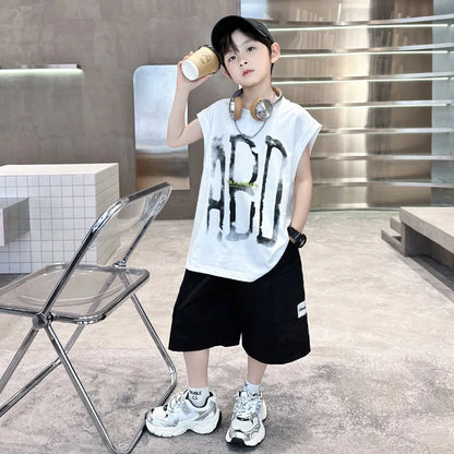 Summer Boys Cotton Sleeveless Alphabet T-Shirt Tops+Shorts Workout Sets School Kids 2PCS Tracksuit Child Jogging Outfits 5-16 Yr