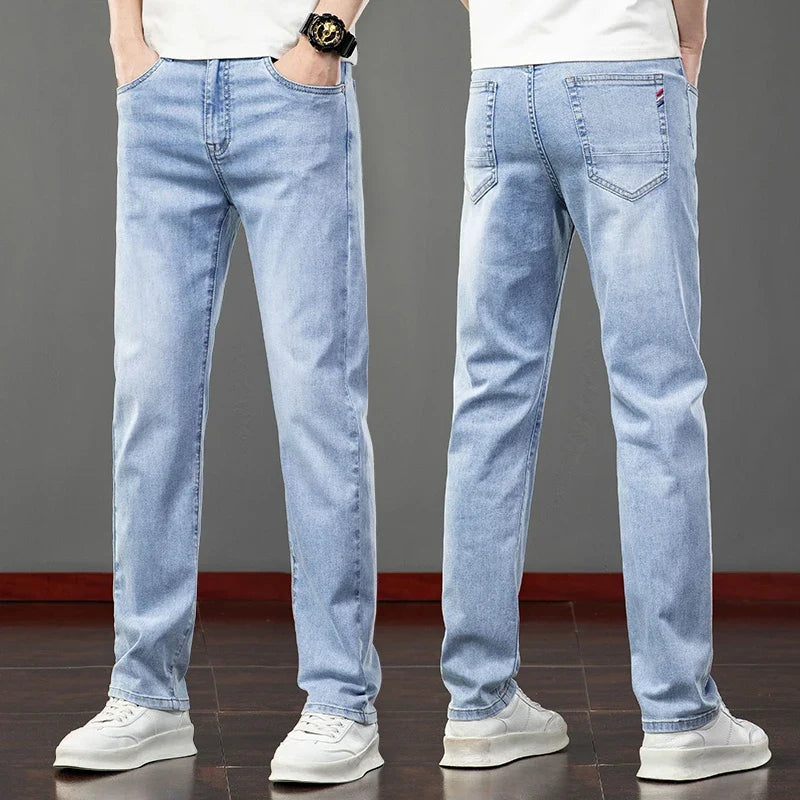 Spring Summer Thin Men's Jeans Fashion Korean Elastic Slim Straight Business Casual Denim Pants Classic Washed Male Trousers