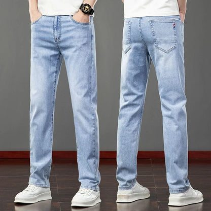 Spring Summer Thin Men's Jeans Fashion Korean Elastic Slim Straight Business Casual Denim Pants Classic Washed Male Trousers