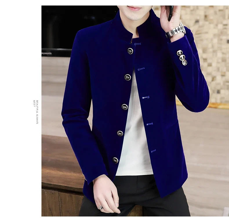 Men's Light Luxury Golden Velvet Coat Youth Fashion Trend Solid Color Stand Collar MAO Suit Handsome Boutique Item