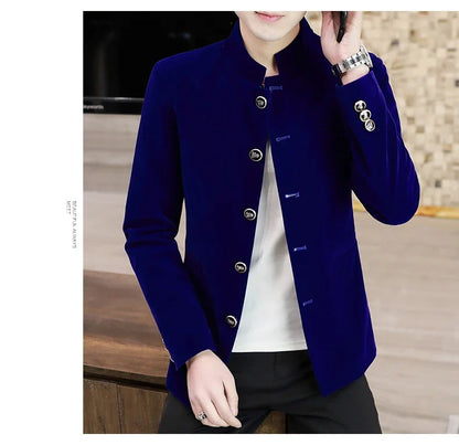 Men's Light Luxury Golden Velvet Coat Youth Fashion Trend Solid Color Stand Collar MAO Suit Handsome Boutique Item
