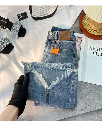 Women Autumn Y2K Slim Flared Denim Trouser Raw Edge Vintage Sexy Minimalist Pant Grunge High Waist Solid High Street Retro Jeans