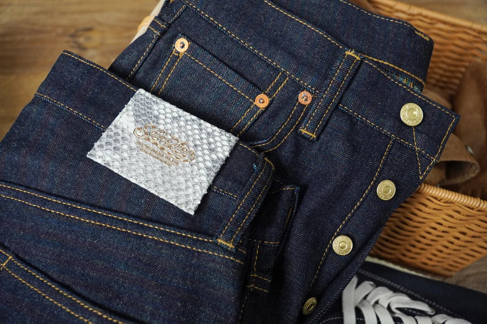 Mens Jeans Rainbow Sanforized Selvedge Denim Jeans Man Python Skin Labels Regular Fit 14 Oz