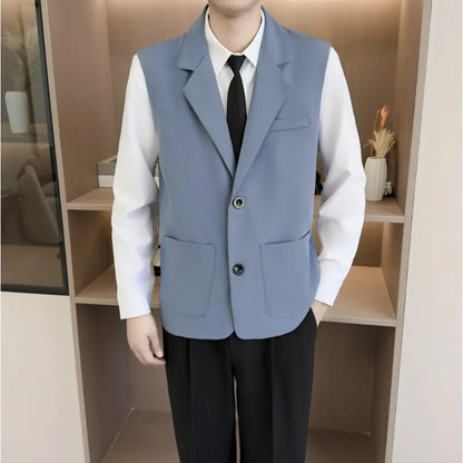 Summer Suit Vest Turn Down Collar Single-breasted Male Waist Sleeveless Pocket Versatile Business Casual Man Coat