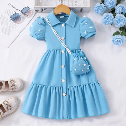【Free Bag】 Toddler Girl Dress Summer Pearl Casual Cute Children Princess Dresses Birthday Party Kids Girls Dress 3 4 5 6 7 Yrs