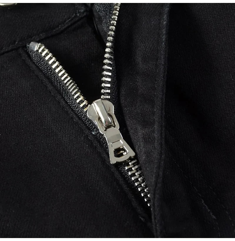 Men Cracked Silver Leather Patch Biker Jeans Streetwear Skinny Tapered Stretch Denim Pants Holes Ripped Patchwork Black Trousers