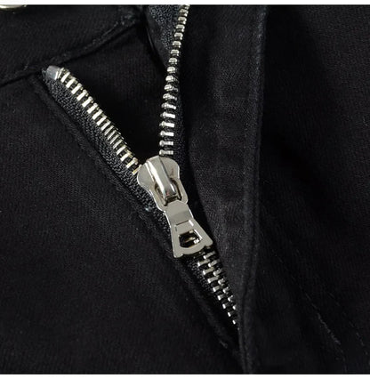 Men Cracked Silver Leather Patch Biker Jeans Streetwear Skinny Tapered Stretch Denim Pants Holes Ripped Patchwork Black Trousers