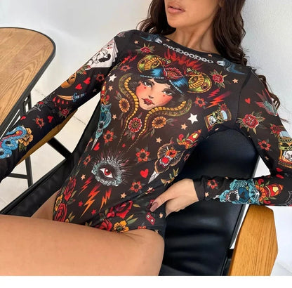 Women Long Sleeve Tattoo Swimsuit UV Protection Rash Guard SPF Sunblock Surfing Suit Diving Swimwear Beach Sportswear Bodysuits