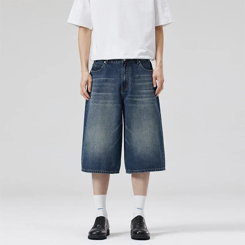 Summer New Fashion Denim Shorts Loose Straight Casual Vintage American Personality Jeans Streetwear Male Short Pants